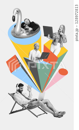 Colorful collage of humorous remote workers in leisurewear joining virtual meetings from unusual locations 128972813