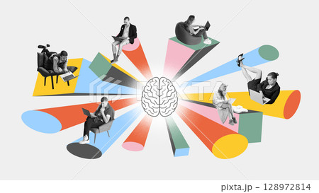 Digital collage of relaxed remote workers connected to central brain icon with colorful energy beams 128972814