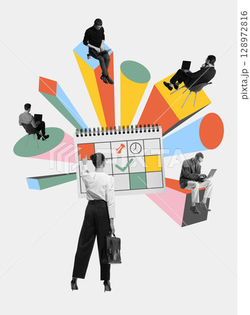 Digital composition of woman marking schedule surrounded by remote workers on laptops in colorful layout Digital composition of woman marking schedule surrounded by remote workers on laptops in colorful layout 128972816