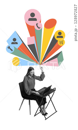 Contemporary collage of woman at desk pointing upward toward icons of customer roles, tools, and services 128972827