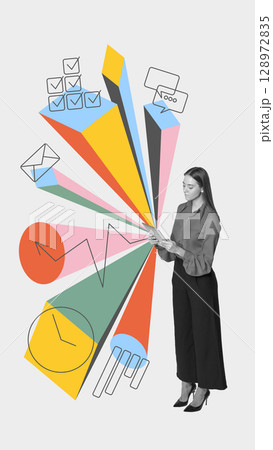 Collage of focused woman using tablet surrounded by icons of digital tools and performance metrics 128972835