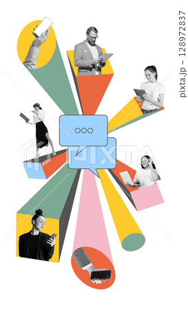 Bold poster of diverse professionals using mobile devices and tablets around chat bubbles on white background 128972837
