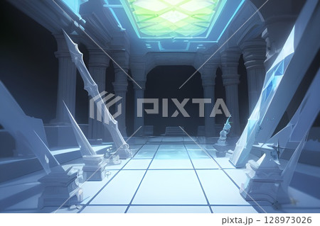 ゲーム背景　デジタルクリスタルダンジョン回廊ホール 128973026