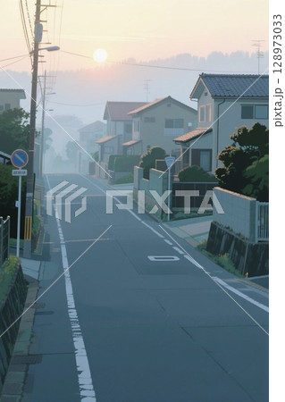 イラスト素材：住宅街から見る朝焼け 128973033