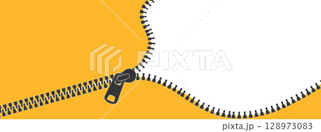 Zipper silhouette, zipper lock or unlock. Fastener slide with puller. Split cloth pulling zip. Apparel accessories simple drawing. 128973083