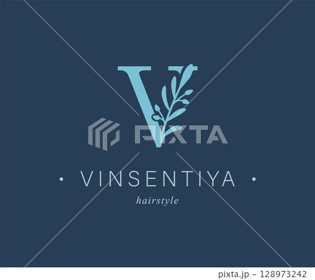 Logo, capital letter V. Monogram of Botanical Minimalistic, Initial. with Organic Plant Elements. 128973242