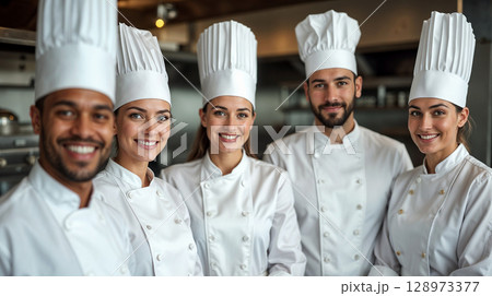 Close-up portrait of a group of professional chefs in clean white uniforms and tall chef hats 128973377