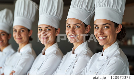 Close-up portrait of a group of professional chefs in clean white uniforms and tall chef hats 128973378