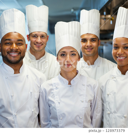 Close-up portrait of a group of professional chefs in clean white uniforms and tall chef hats 128973379
