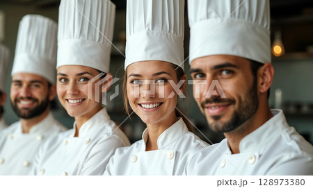 Close-up portrait of a group of professional chefs in clean white uniforms and tall chef hats 128973380