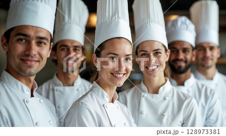Close-up portrait of a group of professional chefs in clean white uniforms and tall chef hats 128973381