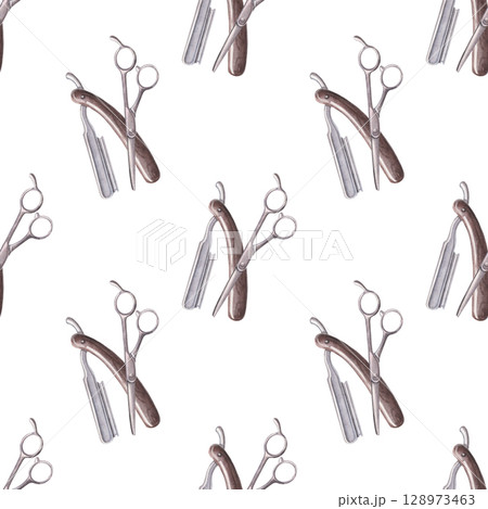Razor and scissors seamless pattern. Watercolor illustration of barbershop tools hand-painted on white for barbershop, hairdresser branding, grooming designs, printing on textile, packaging Razor and scissors seamless pattern. Watercolor illustration of barbershop tools hand-painted on white for barbershop, hairdresser branding, grooming designs, printing on textile, packaging 128973463