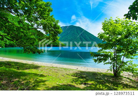 栃木県日光市 夏の季節を迎える奥日光の男体山と中禅寺湖 栃木県日光市 夏の季節を迎える奥日光の男体山と中禅寺湖 128973511