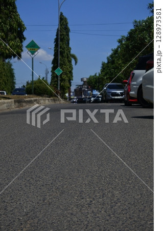 view of city streets and trees and parked vehicles 128973581