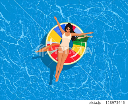 プールで浮き輪に乗ってリラックスする女性のイラスト 128973646