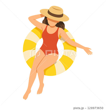 プールで浮き輪に乗ってリラックスする女性のイラスト プールで浮き輪に乗ってリラックスする女性のイラスト 128973650