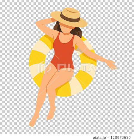 プールで浮き輪に乗ってリラックスする女性のイラスト プールで浮き輪に乗ってリラックスする女性のイラスト 128973650