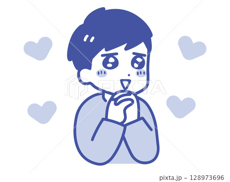 ドキドキしている若い男性(上半身・線画) 128973696