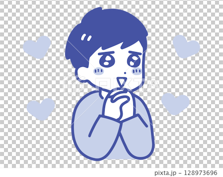 ドキドキしている若い男性(上半身・線画) 128973696