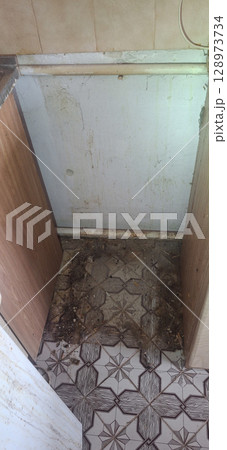 Dilapidated Bathroom Corner: Dirty Tile Floor, Wall Damage, Debris Accumulation, Rusty Elements, Brown, Beige and White Color Scheme. 128973734