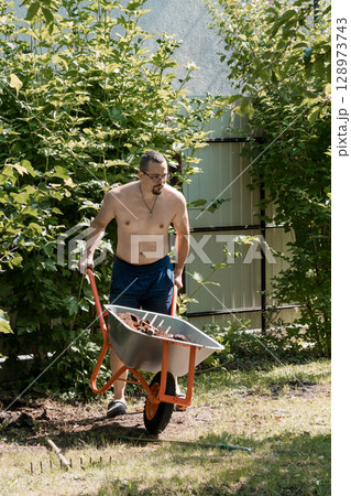 Shirtless Man Pushing Wheelbarrow in Garden, Summer Yard Work, Green Bushes, Blue Shorts, Outdoor Scene, Sunny Day, Natural Light Photography 128973743