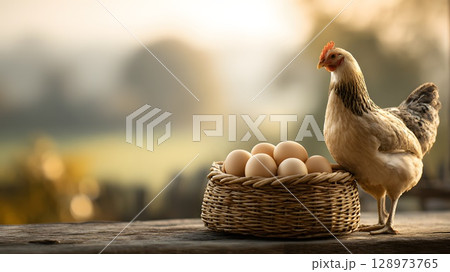 A brown hen stands beside a basket filled with fresh eggs on a rustic wooden surface. The background features a blurred green landscape, suggesting a peaceful farm setting. 128973765