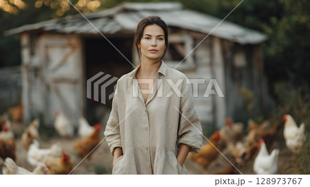 A young Caucasian woman with brown hair stands in front of a rustic chicken coop. Chickens roam freely in the backyard, emphasizing a slow living lifestyle and outdoor harvest. 128973767