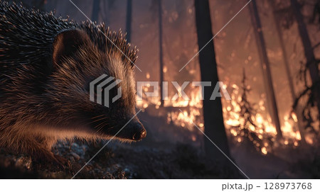 A hedgehog stands in a forest during a fire. Flames and smoke rise in the background, highlighting the impact of global warming on wildlife. 128973768