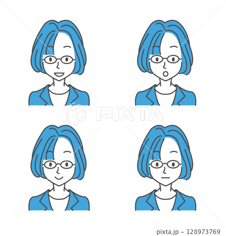 眼鏡の女性　表情4種 128973769
