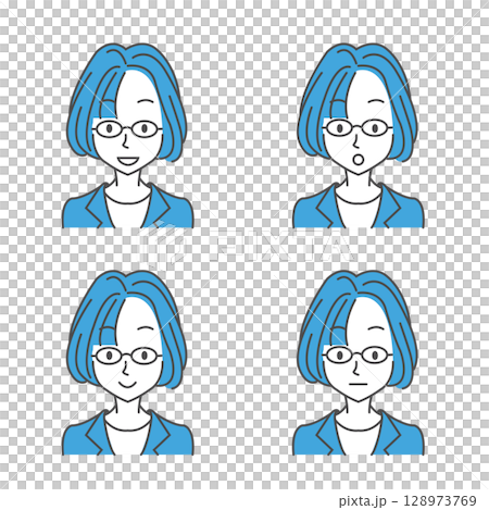 眼鏡の女性　表情4種 128973769