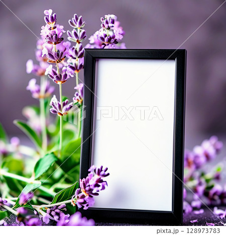 Purple lavender flowers gracefully envelop a blank black frame, creating a serene atmosphere that invites personal touches Generative AI 128973783