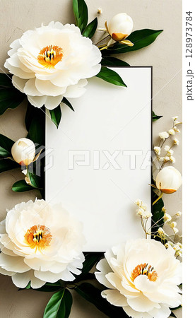 A stunning arrangement of white peonies and soft green leaves surrounds a blank space, perfect for adding personalized messages or artwork Generative AI 128973784
