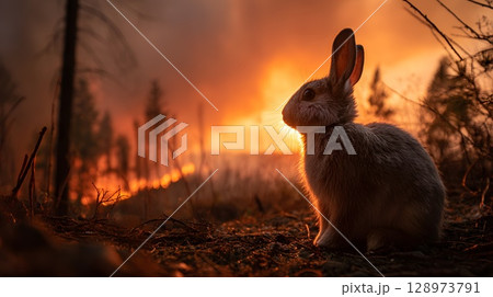 A gray rabbit sits on the ground in a forest during a fire. Flames and smoke rise in the background, highlighting the impact of global warming on wildlife. 128973791
