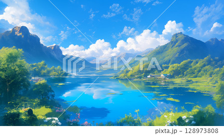 光と風が巡る湖畔の食卓・緑に囲まれた昼時の癒しのシーン・水辺・自然・観光・景色・建物・青空・ランチ 128973808