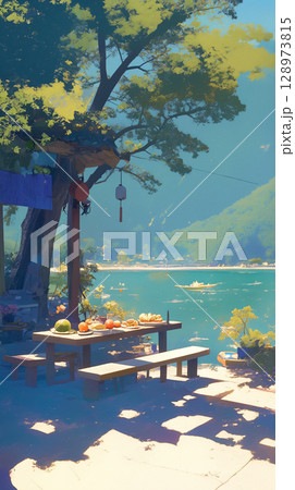 湖面に映る青空と緑の木々・静かな昼下がりの風景・ランチの余韻・自然・旅・癒し・食卓・窓・植物 湖面に映る青空と緑の木々・静かな昼下がりの風景・ランチの余韻・自然・旅・癒し・食卓・窓・植物 128973815