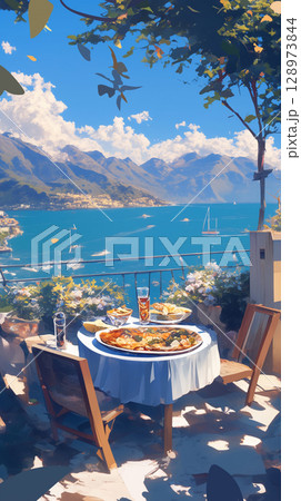 青空と湖に包まれたレストランのテラス席・緑あふれる自然の中で楽しむ昼食・旅・癒し・空・水・建築 128973844