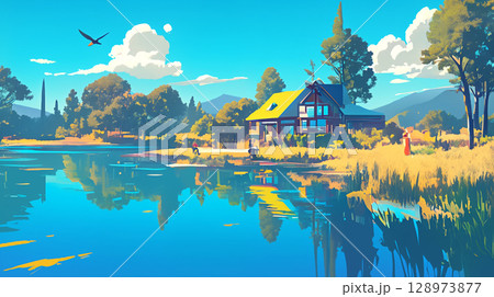 湖の青と空の青に包まれた昼食の風景・リゾート気分を味わうテラス席の景色・自然・旅行・リラックス 128973877