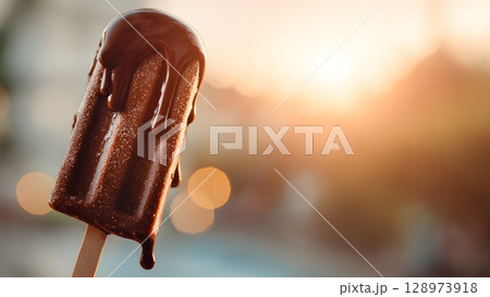 A melting chocolate ice cream popsicle on a stick. The background features a warm sunset with soft bokeh lights, symbolizing hot summer and global warming. 128973918