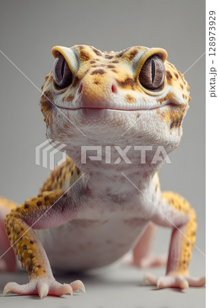 Close-up of a leopard gecko, Eublepharis macularius, showcasing its vibrant yellow and brown spotted skin. The gecko has large, expressive eyes and a friendly demeanor. Close-up of a leopard gecko, Eublepharis macularius, showcasing its vibrant yellow and brown spotted skin. The gecko has large, expressive eyes and a friendly demeanor. 128973929