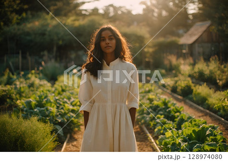 A young South Asian woman with long, wavy hair stands in a lush vegetable garden. Rows of green plants surround her, illuminated by warm sunlight. A young South Asian woman with long, wavy hair stands in a lush vegetable garden. Rows of green plants surround her, illuminated by warm sunlight. 128974080