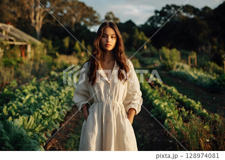 A young Asian woman with long brown hair stands in a lush vegetable garden. Rows of green plants surround her, showcasing a serene gardening lifestyle. A young Asian woman with long brown hair stands in a lush vegetable garden. Rows of green plants surround her, showcasing a serene gardening lifestyle. 128974081