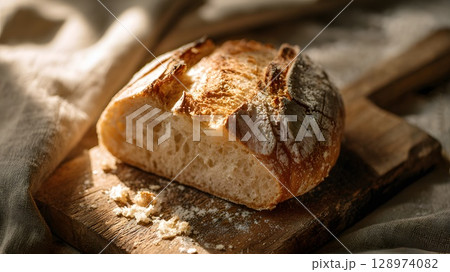 A rustic loaf of bread sits on a wooden cutting board. The bread has a golden crust and a soft interior, surrounded by a cozy kitchen setting. A rustic loaf of bread sits on a wooden cutting board. The bread has a golden crust and a soft interior, surrounded by a cozy kitchen setting. 128974082