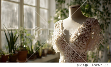 A close-up of a crochet dress displayed on a mannequin. The background features green plants and sunlight streaming through a window. 128974087