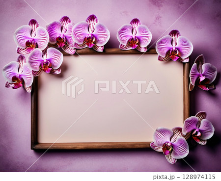 A rustic wooden frame sits centered, surrounded by vibrant purple orchids. The soft purple background enhances the floral beauty, creating a lovely space for personal notes or pictures Generative AI 128974115