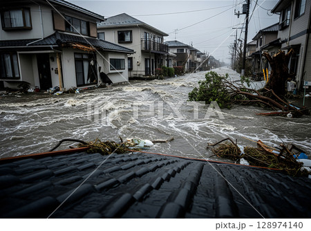水害で浸水した家並み 128974140