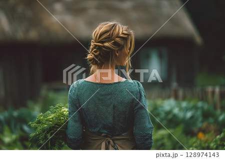 A young Caucasian woman with braided hair stands in a vegetable garden, holding fresh carrots. A rustic house is visible in the background, surrounded by greenery. 128974143