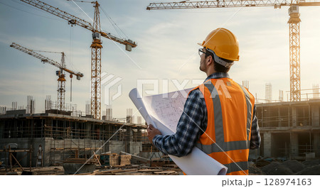 photo of a male construction worker wearing a hard hat and safety vest, holding building plans and looking at a construction site with cranes photo of a male construction worker wearing a hard hat and safety vest, holding building plans and looking at a construction site with cranes 128974163