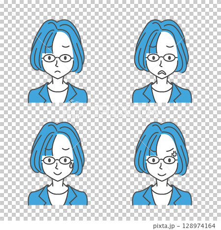 Woman with glasses: 4 facial expressions (negative) Woman with glasses: 4 facial expressions (negative) 128974164