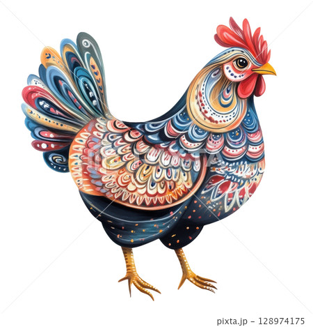 Colorful hen showing its beautiful plumage Colorful hen showing its beautiful plumage 128974175