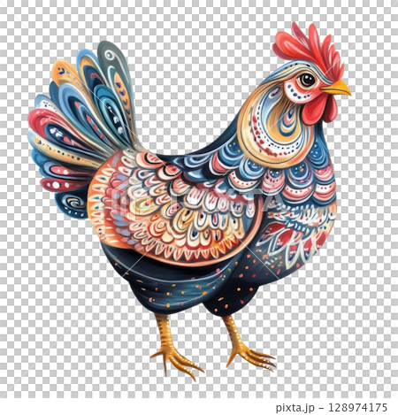 Colorful hen showing its beautiful plumage Colorful hen showing its beautiful plumage 128974175